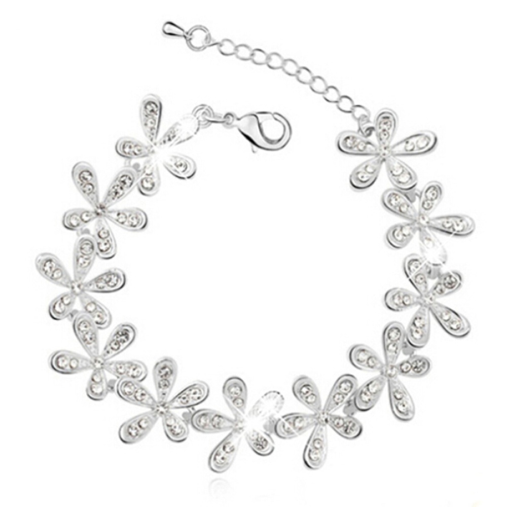 Silver daisy flower crystal encrusted bracelet